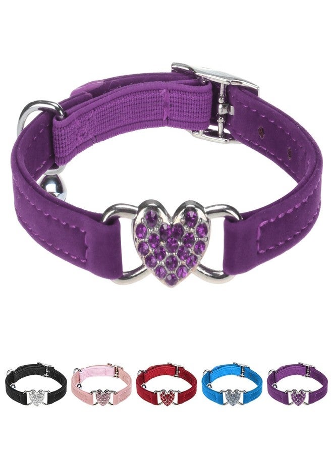 BINGPET Diamond Cat Collar,Adjustable Soft Velvet Leather Safe Kitten Collar with Crystal Heart Charm and Bells,Girl Boy Bling Stylish Cat Collars with Safety Elastic (Purple, Neck Girth 8"-10") - Image 1